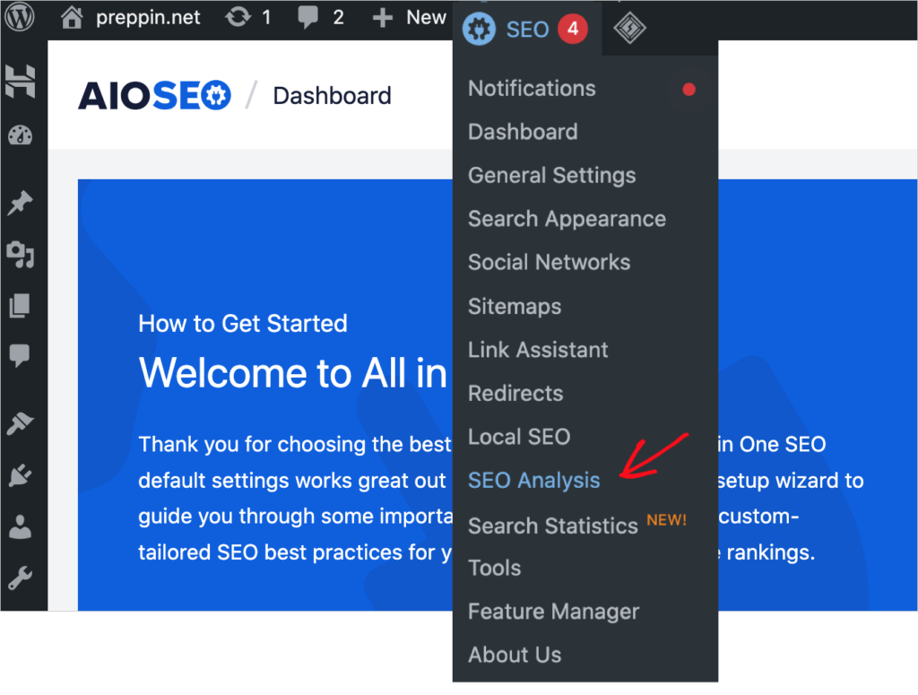 aioseo seo analysis menu item