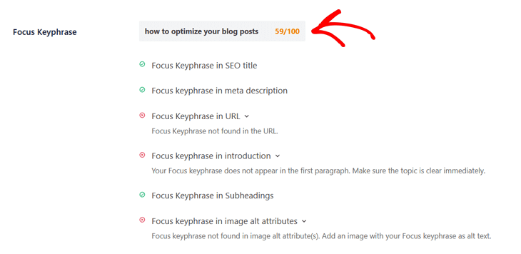 Blog post SEO checklist - focus keyphrase analysis in AIOSEO