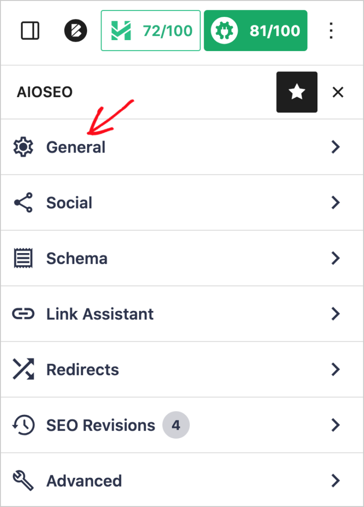 aioseo sidebar general tab