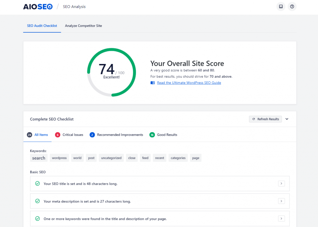 Analyzing your overall site score in All in One SEO