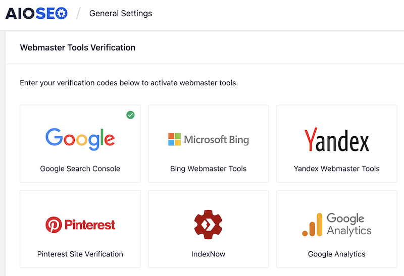 AIOSEO webmaster tools list