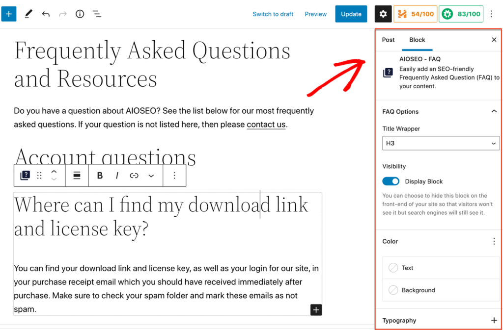 aioseo wordpress faq block design options