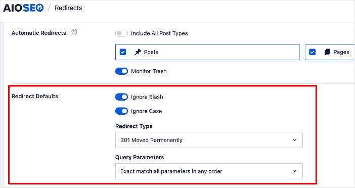 Automatic redirect settings