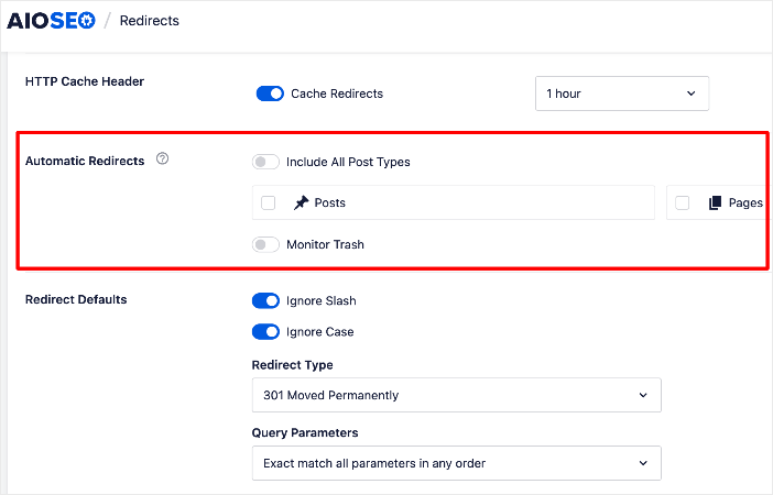 Automatic redirects section