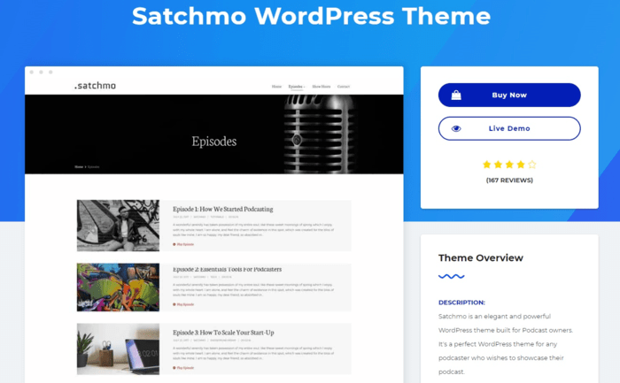 Satchmo is one of the best WordPress themes for SEO for podcasters.