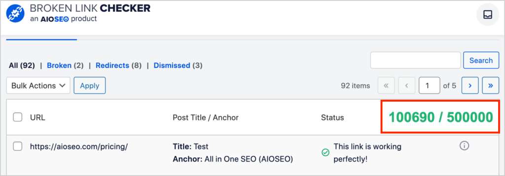 aioseo broken link checker credits available display