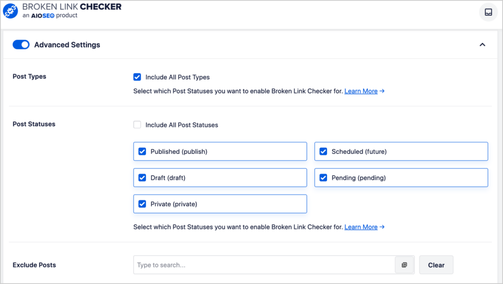 Broken Link Checker settings.