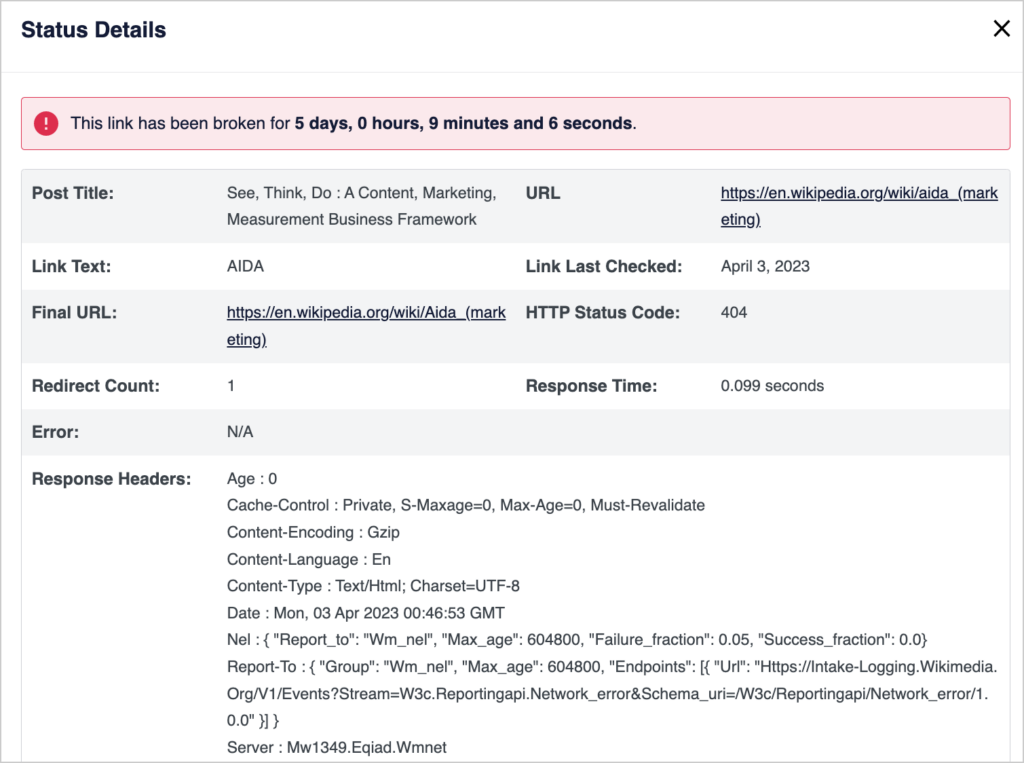 broken link checker status details