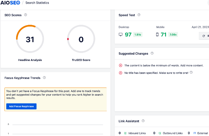 Content Rankings also shows SEO data like the Headline Score, TrueSEO score, page load speed, and more.