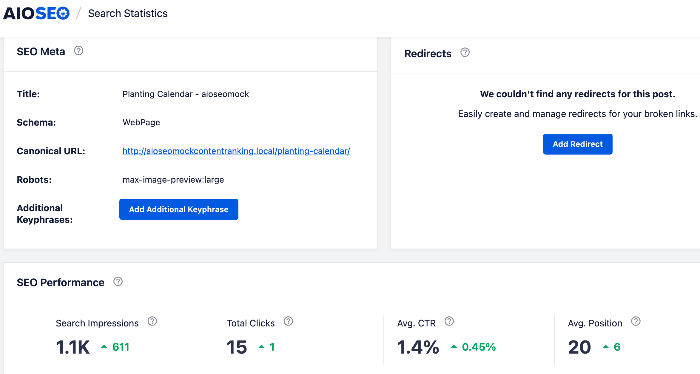 Content Rankings also gives you an overview of the page’s metadata, redirects, and SEO performance.