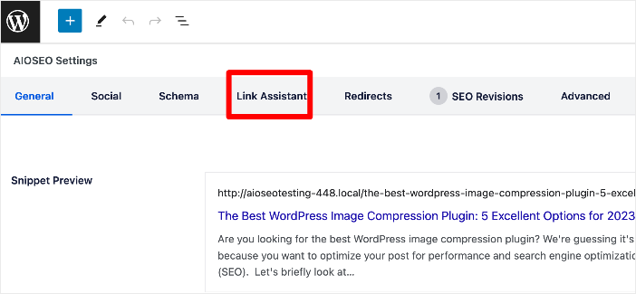 Link Assistant tab in AIOSEO settings.