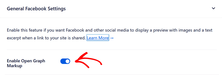 Enable Open Graph Markup in general Facebook settings in AIOSEO