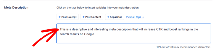 Entering the meta description in All in One SEO