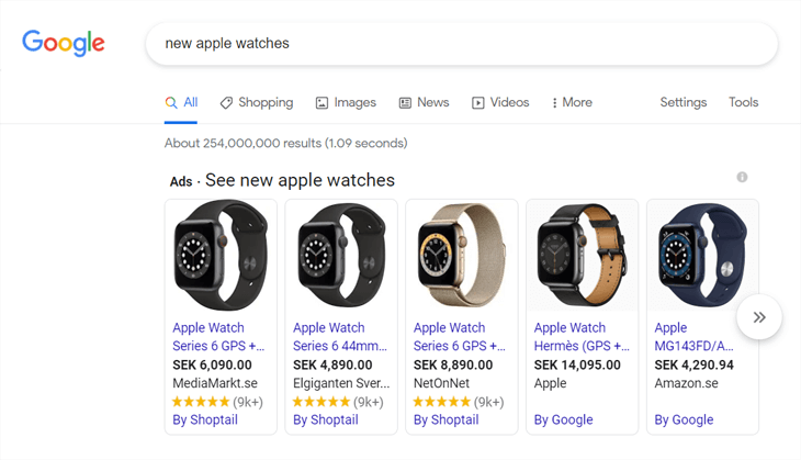 Examples of product snippets on Google 