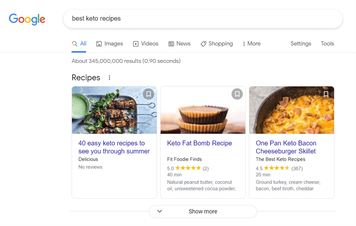 Examples of recipe snippets on Google 