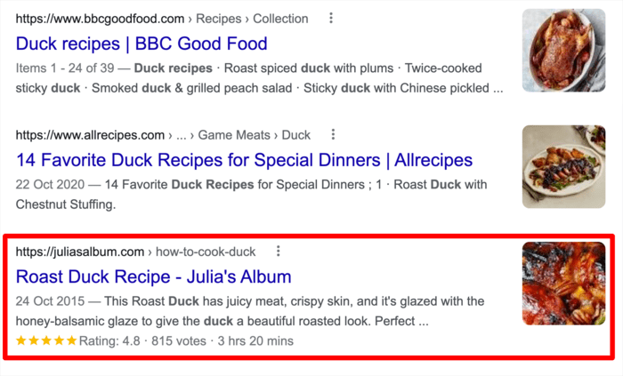 Example of rich snippets for duck recipe.