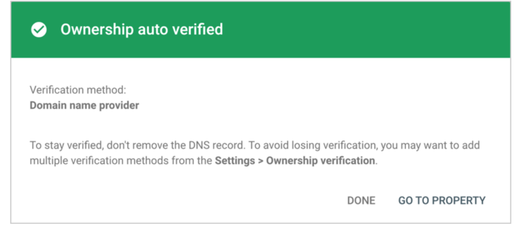 domain verification success message