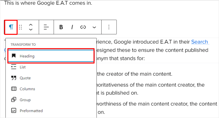 You can also add header tags in WordPress by editing the paragraph type of the block.