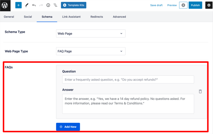 Enter your questions and answers in the fields provided. Click on Add New to add another FAQ.