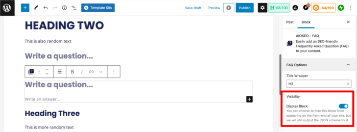 You can choose to hide the FAQ section or parts of it on the front end by turning the Visibility toggle to the off position.