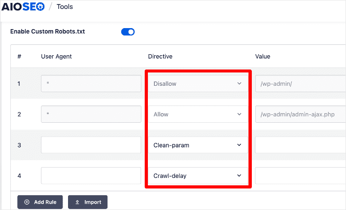 Directives in AIOSEO's Robots.txt Editor.