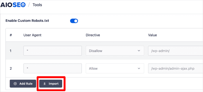 Importing a robots.txt using AIOSEO.