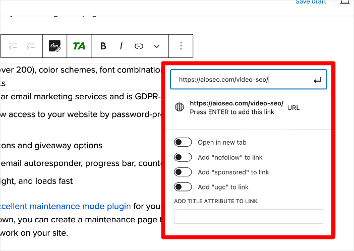 Pasting link into the insert link field.