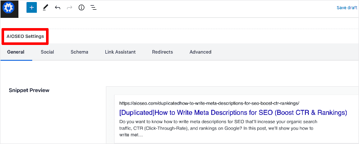Snippet preview in the AIOSEO settings