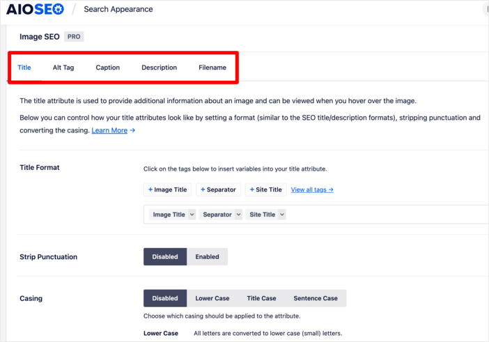 You can then optimize your image's metadata by clicking on the relevant tab, that is, Title, Alt Tag, Caption, Description, or Filename.