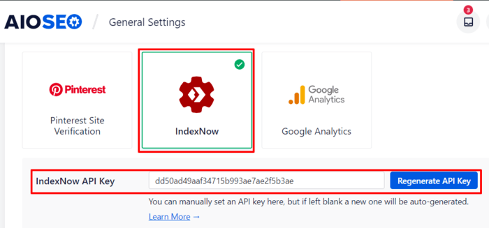 AIOSEO will automatically generate and host an IndexNow API key for you.