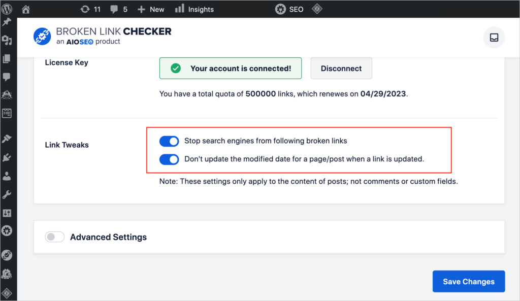 link tweaks settings for broken link checker plugin