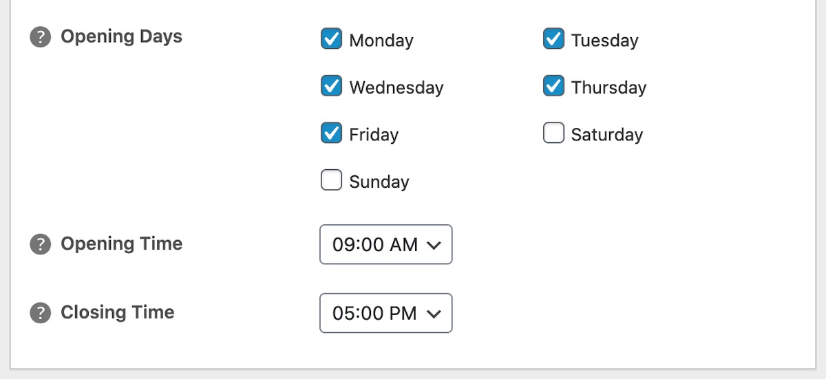 Local Business Schema Settings - Opening Time