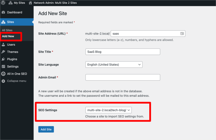 You can also import SEO settings from one site to any new sites you add to your network.