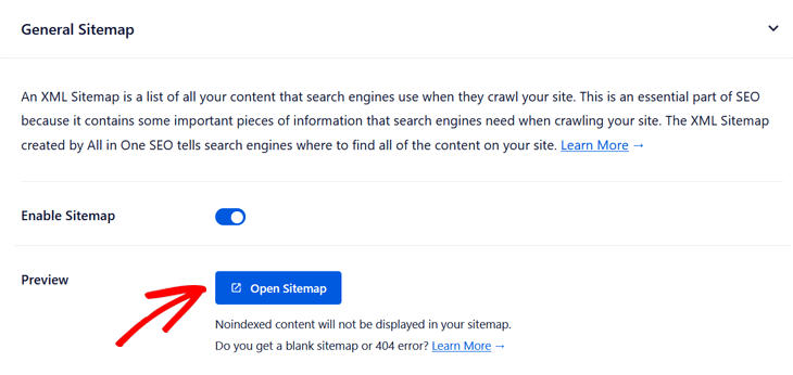 Open sitemap in All in One SEO