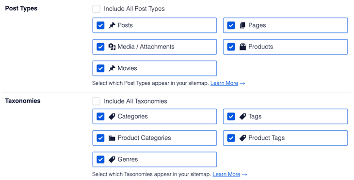 XML sitemap settings in AIOSEO - a list of all your content post types and taxonomies