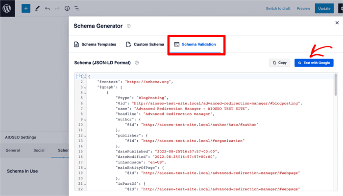 AIOSEO has a schema validator to help ensure your schema code is correct.