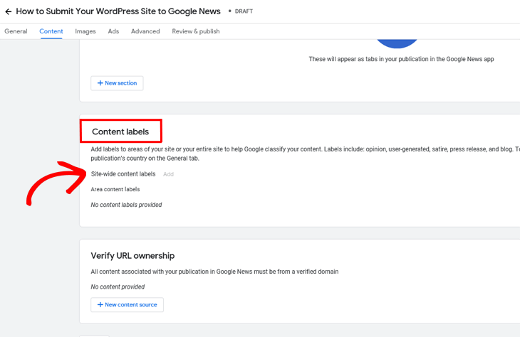 Google Publisher Center add content labels