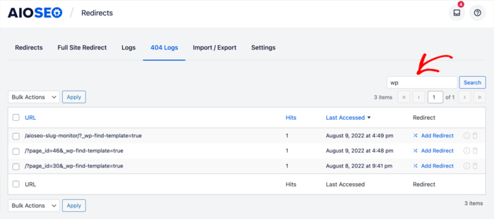 The 404 Logs section keeps track of all pages that return a 404 error, allowing you to easily fix them.