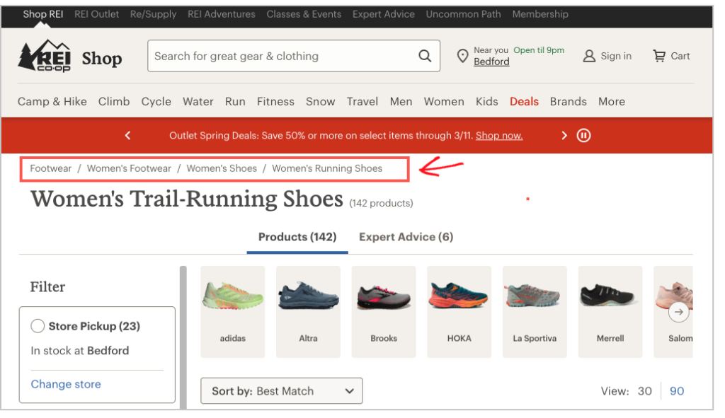 rei.com example of breadcrumb navigation