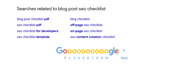 Blog post SEO checklist - related searches on Google