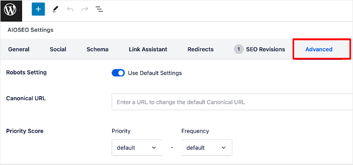 Access Robots Settings in the Advanced section of AIOSEO's settings.