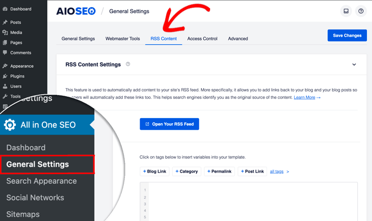 How to customize the RSS feed in WordPress - RSS content setting in All in One SEO