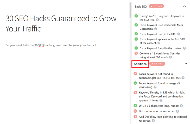 SEO analysis in Rank Math