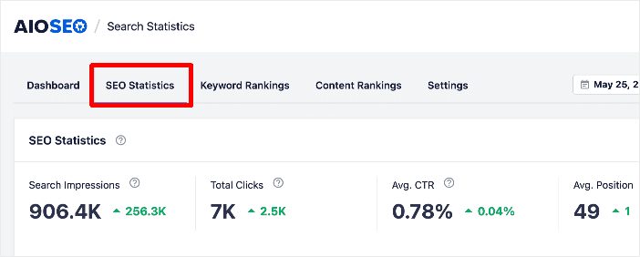 The SEO Statistics tab has a marker that shows major Google algorithm updates.