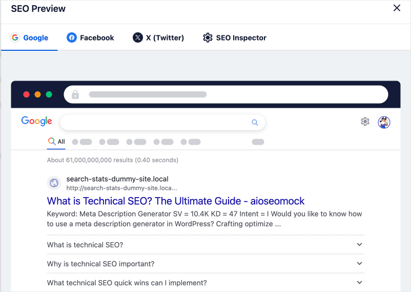 Example of SERP preview in AIOSEO.