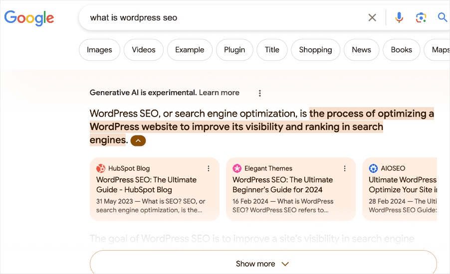 Example of generative AI on SERPs.