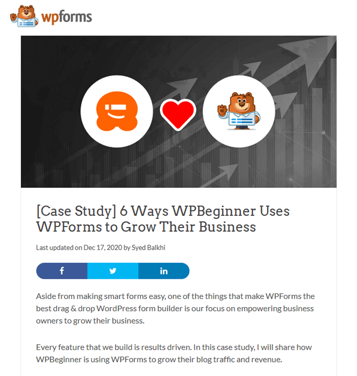 User generated content example of a WPBeginner case study of WPForms