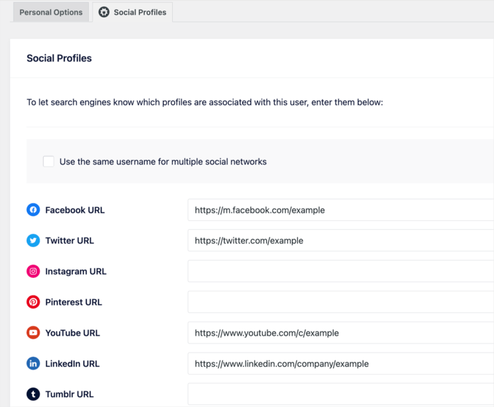 Add your social media URLs in the relevant fields.