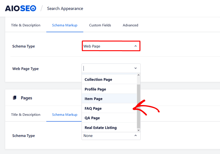 Setting FAQ page as web page type in All in One SEO