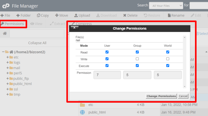 To beef up your website security by changing file permissons, you have to access the files in cPanel.